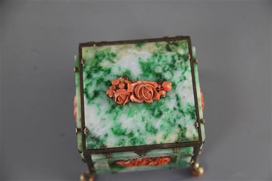 A Chinese jadeite and coral mounted silver-gilt trinket box, 10.1 x 10.1cm. height 9cm